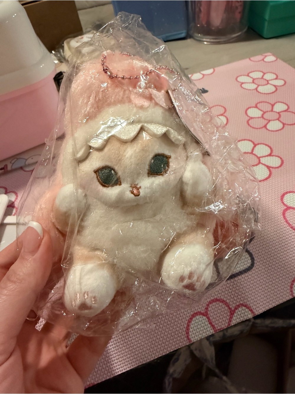 Pink Shark Mofusand Plush Keychain - Cute Kitty Character